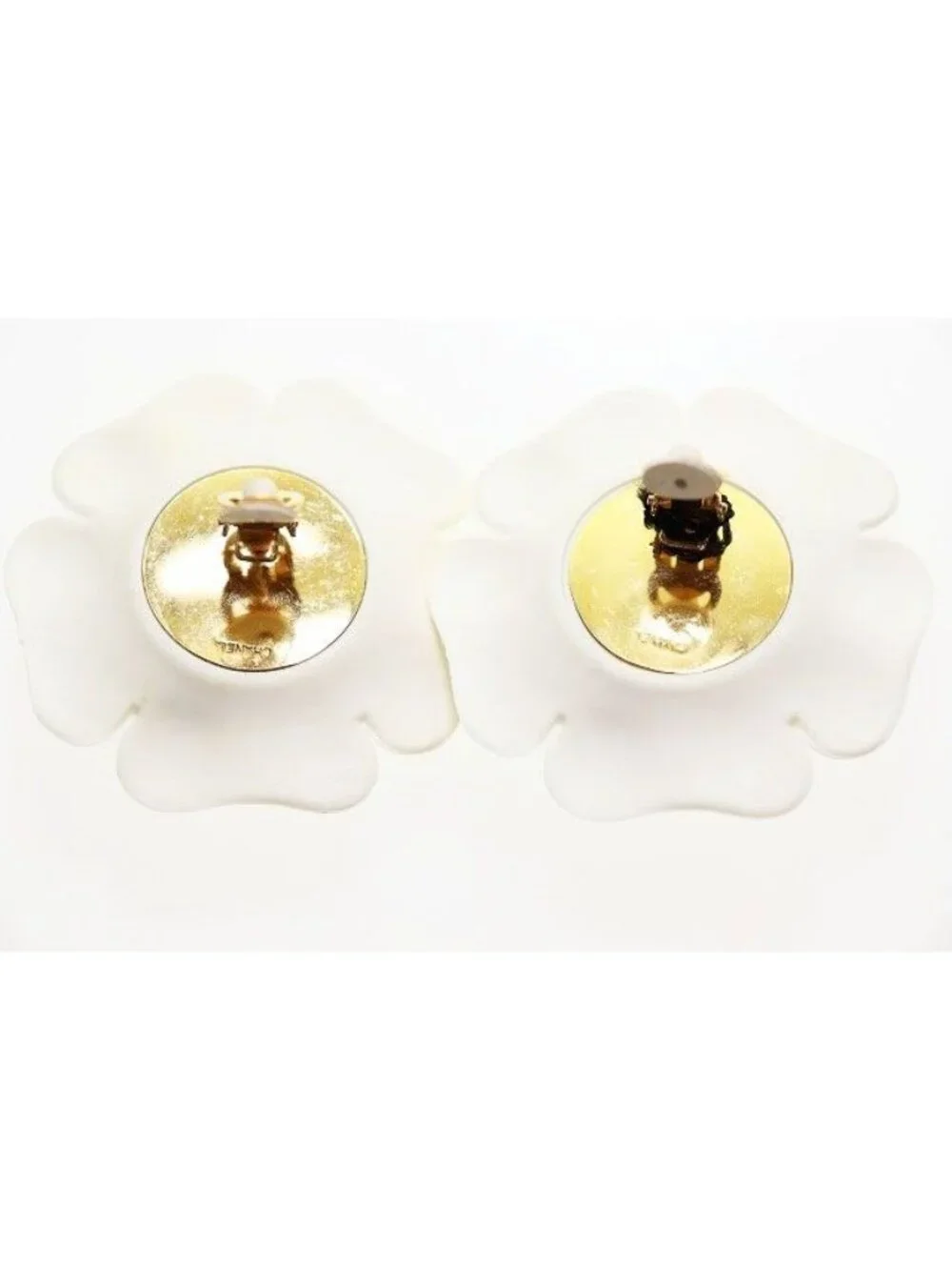 Chanel Camellia Earrings Flower Motif Vintage White Gold Aa